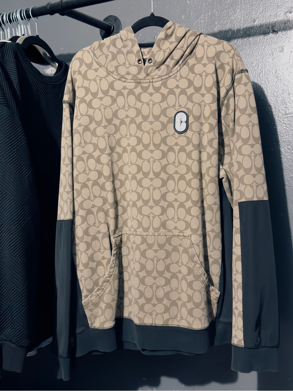 Coach Men’s Tan Signature C Logo Crewneck Hoodie with Black Sleeve Panels